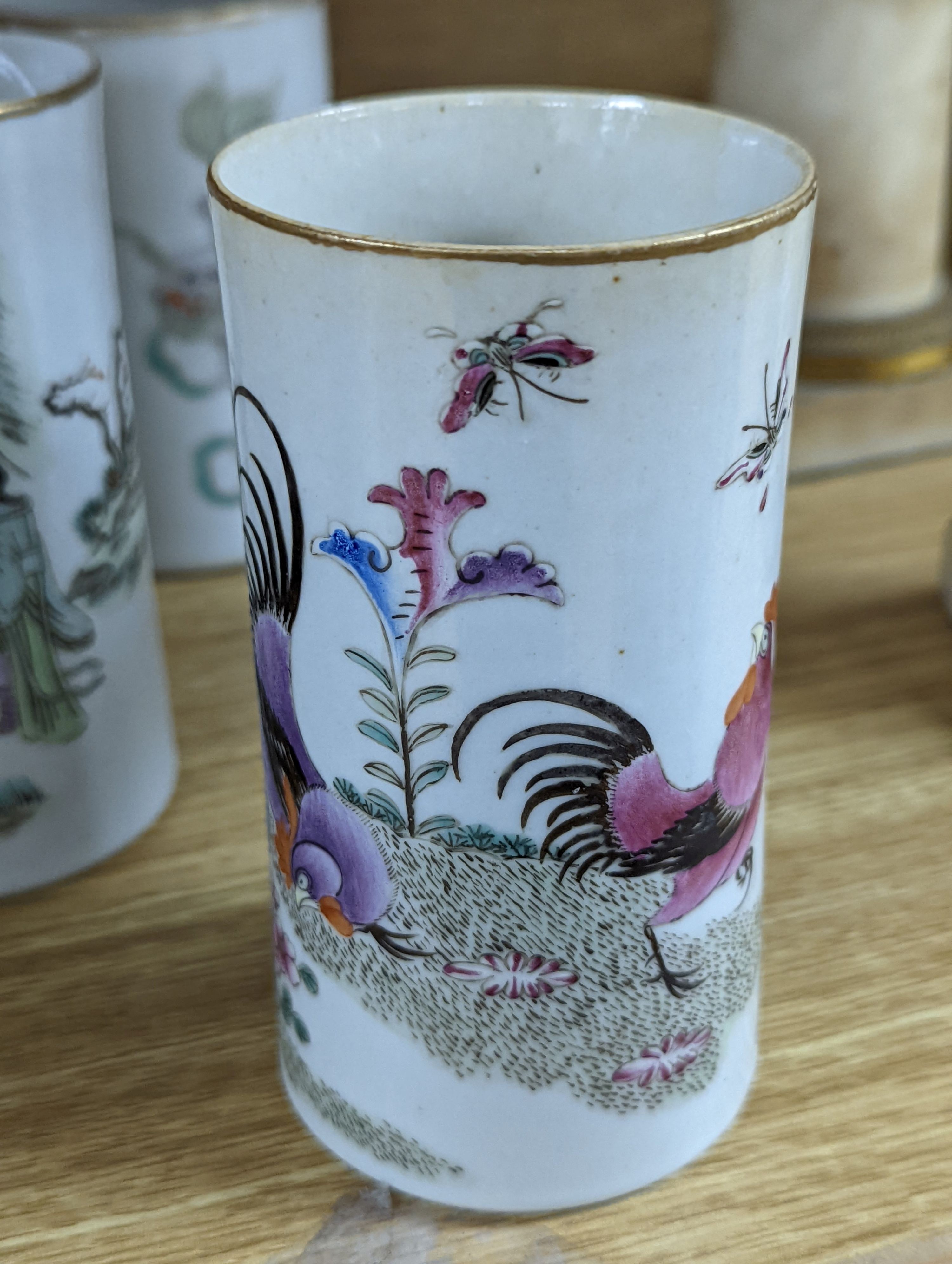 Three Chinese famille rose brush pots, 12cm